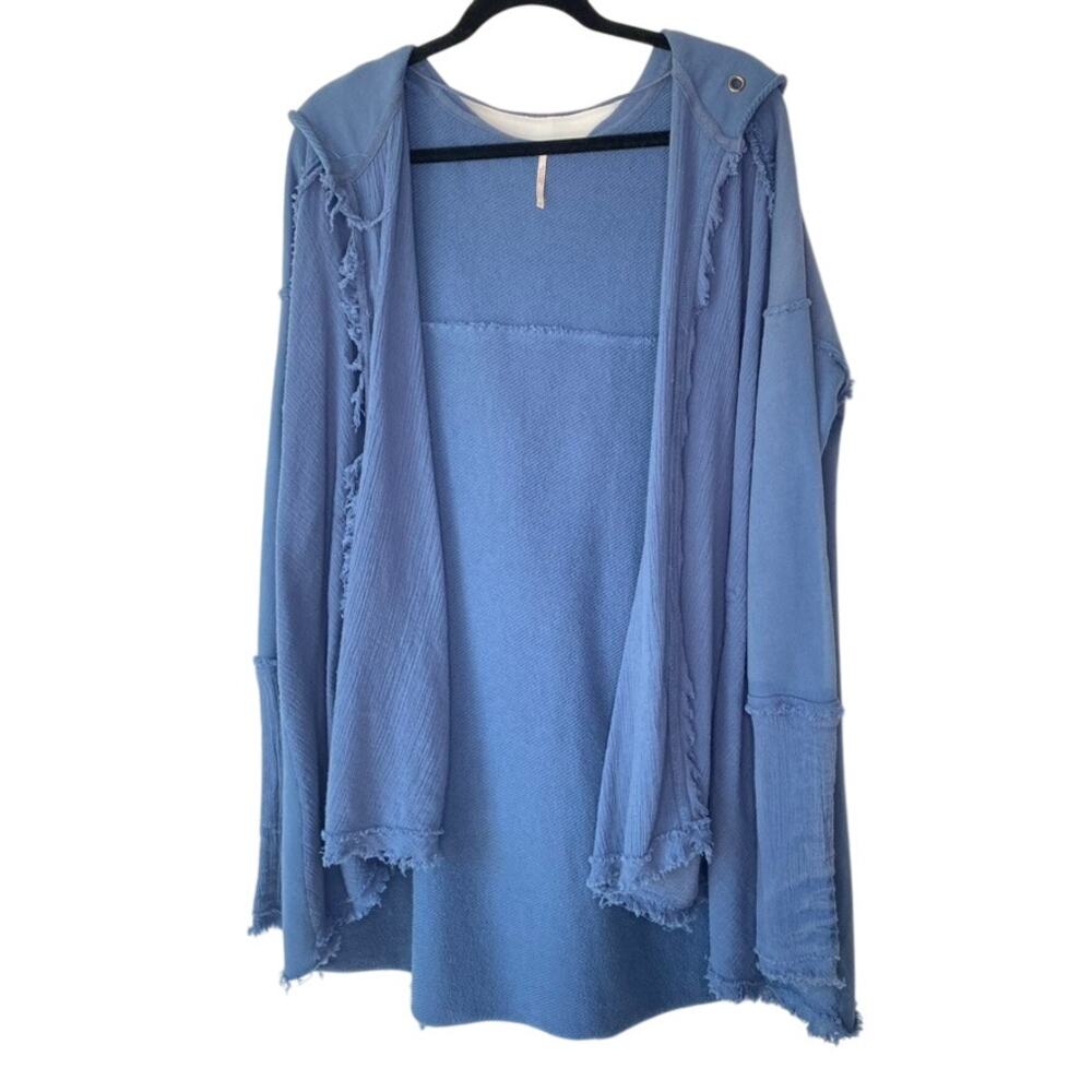 Free People Blue Get Yer Gauze Open Cardigan Distressed Raw Hem Boho Size Medium